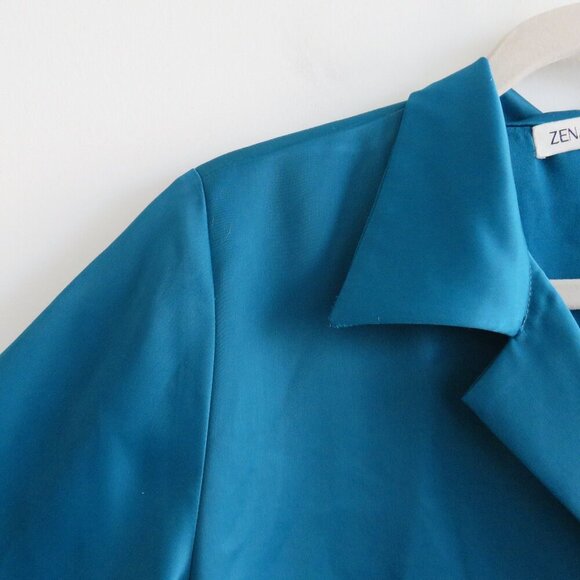ZENA PRESLEY Teal Satin Drapey Button Front Shirt Top Mob Wives - Women's Size M - Picture 4 of 11